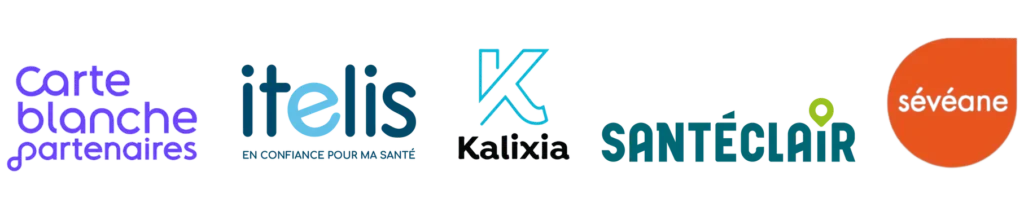 Logos de Carte Blanche Partenaires, Itelis, Kalixia, Santéclair, Sévéane – membres de l’APFS